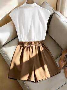 GlowEve CURVE Plus Size Women's Pearl Decor Bow Tie Elegant Casual Blouse Shorts 2-Piece Set Formal White Brown Summer Office Tea Party Teachers' Day - Multicolor - View 2