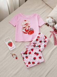 Strawberry Shortcake X SHEIN Young Girl Cartoon Print Round Neck Short Sleeve Top And Strawberry Print Pants Pajama Set - Baby Pink - View 1