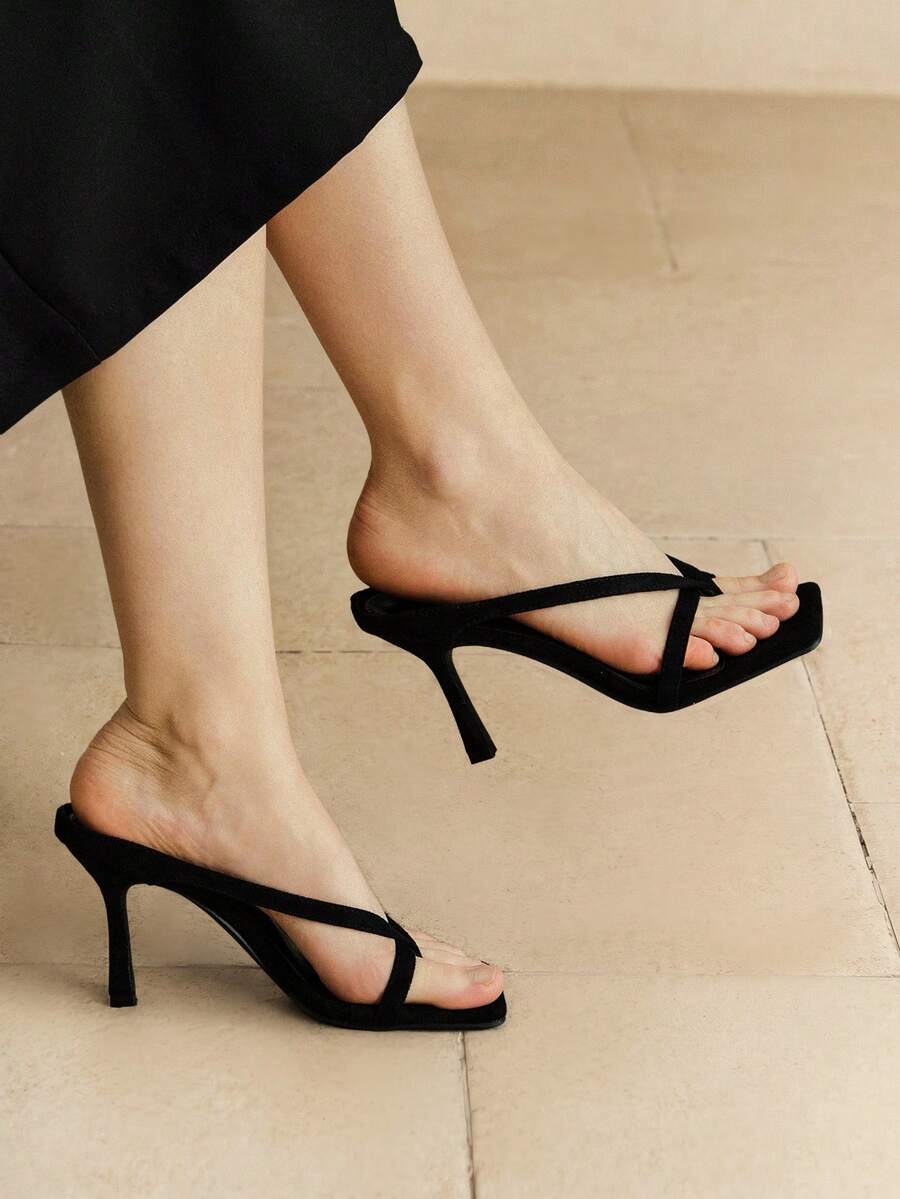 Alvarani Giày cao gót màu đen mới cho nữ mùa hè, giày đế thấp, dép xỏ ngón, dép quai hậu, giày lười mũi vuông thời trang - màu đen - Xem 1