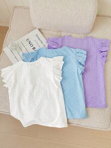 SHEIN LMoss Kids 3件套/少女套装/少女休闲提花针织纯色圆领短袖上衣 - 彩色 - 查看 2