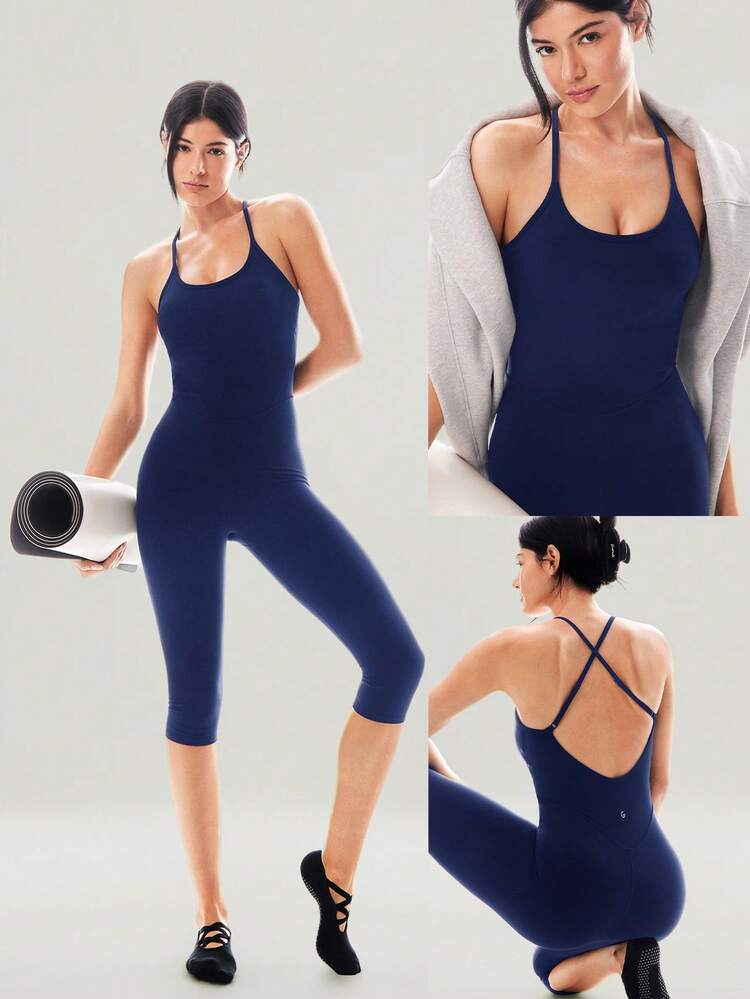 17" FeatherFit™ Rise And Shine Buttery-Soft Sweat-Wicking Crisscross Open Back Tummy Control Removable Cups Bodysuit Low Impact Yoga Studio Daily Wear