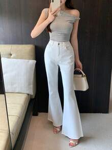 DAZY 女士修身喇叭白色牛仔裤，春夏款 - 白色 - 查看 4
