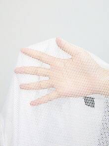 Voyena 大尺碼女款拼接圓領短袖鏤空運動T恤，健身服，女款運動衫，女款運動服，女款運動服，外出上衣，外出穿搭 - 白色 - 查看 9
