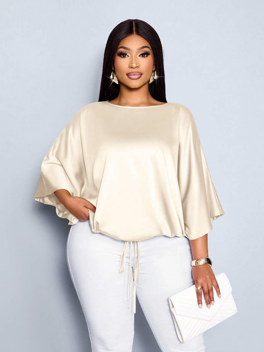 SOLERSUN Blusa holgada y elegante de satén con mangas de murciélago y dobladillo con cordón, para uso casual y de fiesta - Champán - Ver 1