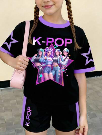 Tween Girls Spring And Summer Casual Fashion Creative Fresh High-End Minimalist Black Base Contrast Color Cool Virtual Girl Group Colorful Pentagram Star Graphic Letter Slogan Print Casual Basic Short T-Shirt And Shorts Set, Comfortable Daily Wear, Cozy Summer And Fall Styles, Suitable For Girls Atmosphere Outfit, Sets