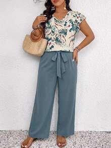 SHEIN Frenchy Casual Tropical Plant Print Plus Size 2 Pieces Set, Suitable For Summer - Multicolor - View 6