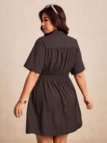 Elaquor Vestido casual de talla grande de unicolor con cintura ceñida - Café integral - Ver 2