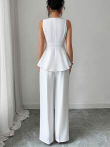 SHEIN Raffinéa Bộ đồ hai mảnh thanh lịch dành cho nữ: áo không tay cổ tròn ôm sát và quần ống đứng, thích hợp mặc hàng ngày. - trắng - Xem 2