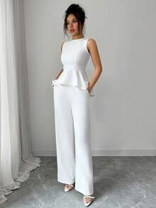 SHEIN Raffinéa Bộ đồ hai mảnh thanh lịch dành cho nữ: áo không tay cổ tròn ôm sát và quần ống đứng, thích hợp mặc hàng ngày. - trắng - Xem 6