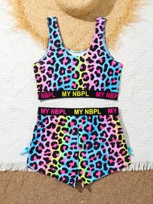 SHEIN 少女字母带和豹纹休闲比基尼套装 - 彩色 - 查看 2