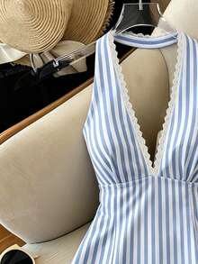 SHEIN Franclia Đầm ngắn cổ yếm xếp nếp kẻ sọc dành cho nữ, đầm đi nghỉ mát dành cho nữ, đầm kẻ sọc dành cho nữ - Màu xanh nhạt - Xem 3