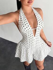 SHEIN SXY Bộ áo liền quần hở lưng gợi cảm in họa tiết chấm bi đen trắng, thời trang, thích hợp cho ngày Valentine và đám cưới. - Đen và trắng - Xem 8