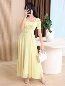 Feyla Women Elegant Square Neck Puff Sleeve Pale Yellow Midi Dress Summer Chiffon Flowy Party Vacation GownChiffon For GownWomen With And Sleeves - Light Yellow - View 4
