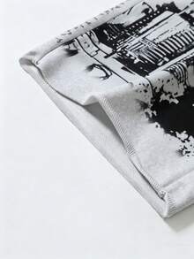 Manfinity EMRG Men's Loose Drawstring 3/4 Pants With Large Floral & Slogan Print, Fashionable Streetwear Style, Trending INS Design, Essential For Spring/Summer - Grey - View 5