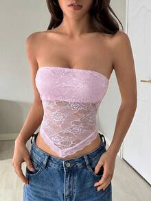 SHEIN EZwear 不对称下摆蕾丝拼接性感无袖露肩短款上衣，春夏款 - 淺粉色 - 查看 6