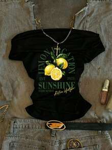 Attitoon Kaos Wanita Kasual Lengan Pendek Model Off-Shoulder dengan Detail Kerutan di Pinggang, Motif Lemon, Cocok untuk Musim Panas, Atasan Musim Panas - Hitam - View 5