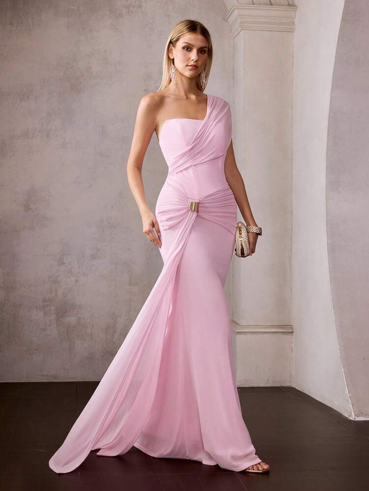 MOTF Soiréza ELEGANT PINK NEW YEAR PARTY DRESS FOR WOMEN | SINGLE SHOULDER WITH ASYMMETRIC FLOWING TIES, SHOULDER & WAIST RUCHING DETAIL, METAL BUCKLE ACCENTS, NET FABRIC MAXI SKIRT, BODYCON FIT FOR EVENING EVENTS, FORMAL PARTIES & NEW YEAR CELEBRATIONS​,WEDDINGS, GALAS,SPRING DRESSES SUMMER OUTFITS