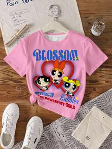 THE POWERPUFF GIRLS X SHEIN 少女百搭圆领短袖T恤 - - 白色 - 查看 3