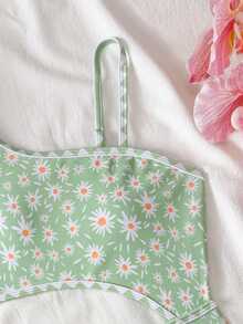 SHEIN Bộ đồ bơi liền thân cho bé gái tuổi teen, dễ thương, màu xanh lá cây in hoa, kiểu dáng bất đối xứng, dây đeo vai khoét eo, viền xanh, thời trang thanh lịch, phù hợp cho bơi lội, kỳ nghỉ hè, bãi biển, hồ bơi, tiệc tùng. - màu xanh lá - Xem 3