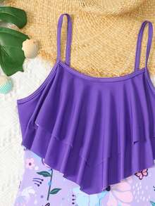 SHEIN Bộ đồ bơi tuổi teen, kiểu dáng thường ngày, họa tiết hoa tím in kỹ thuật số, một mảnh với dây đeo có thể điều chỉnh, viền bèo nhún hai lớp, thời trang và thanh lịch, thích hợp cho bơi lội, kỳ nghỉ hè, bãi biển, hồ bơi, tiệc tùng. - Nhiều màu - Xem 3