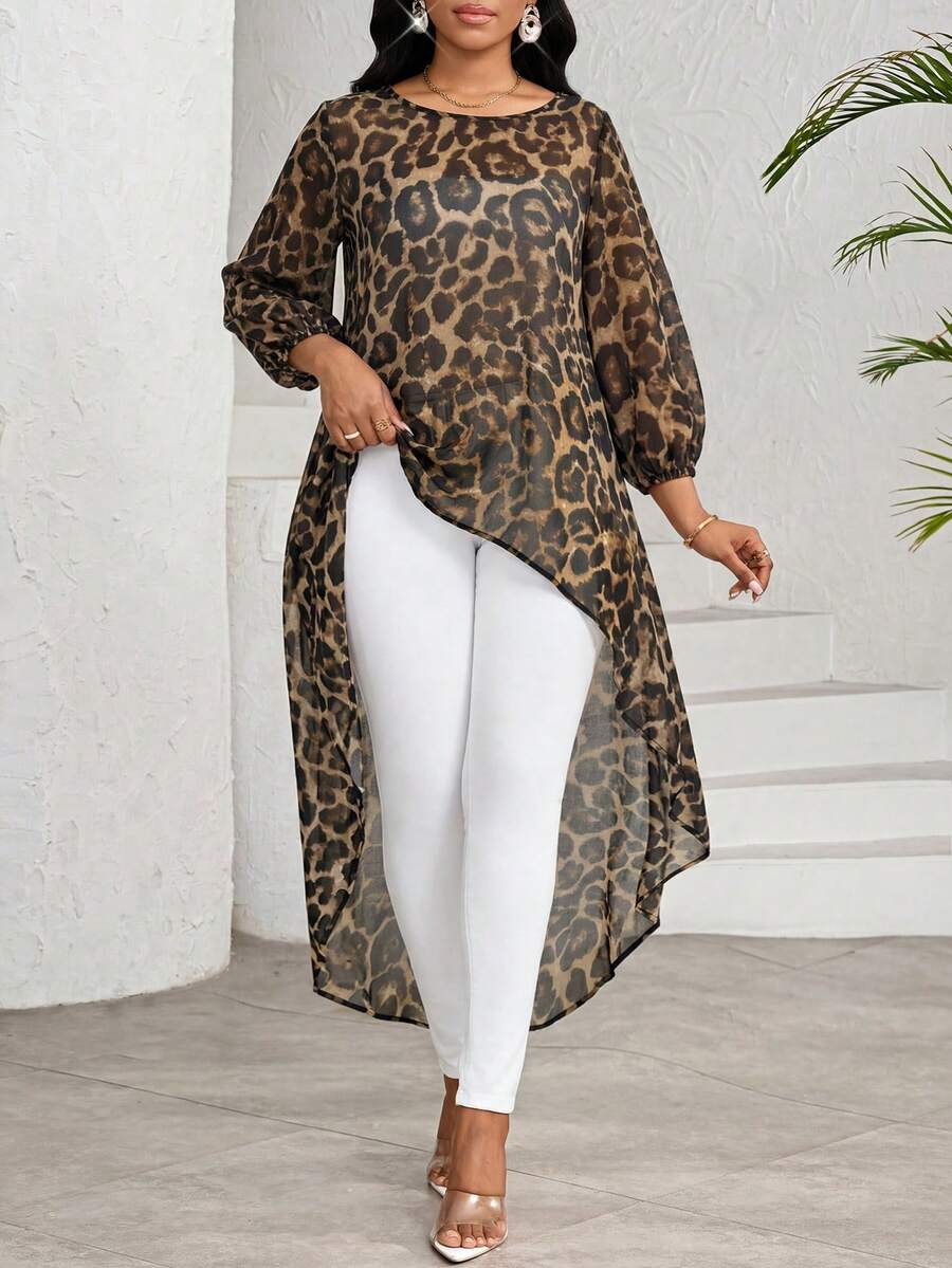SHEIN Lady Women's Fashion Leopard Print Front Short Back Long Shirt - Multicolor - View 1
