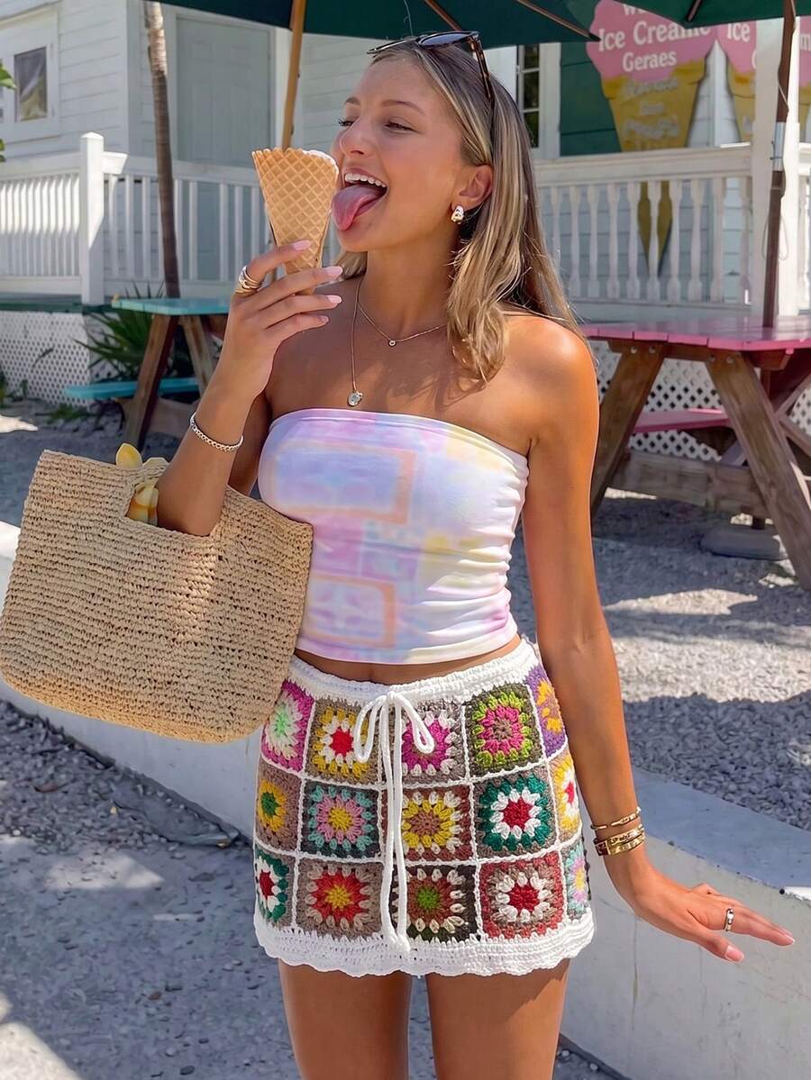 Selianne Spring/Summer Hollow Floral Drawstring Waist Knit Skirt, Casual Beach Holiday - Multicolor - View 1