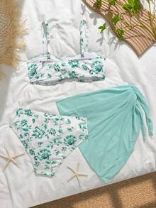 SHEIN Teen Girl Floral Print Adjustable Strap Swimwear Set With Cover-Up And Skirt, Suitable For Beach, Seaside, Vacation, Swimming - Green - View 2