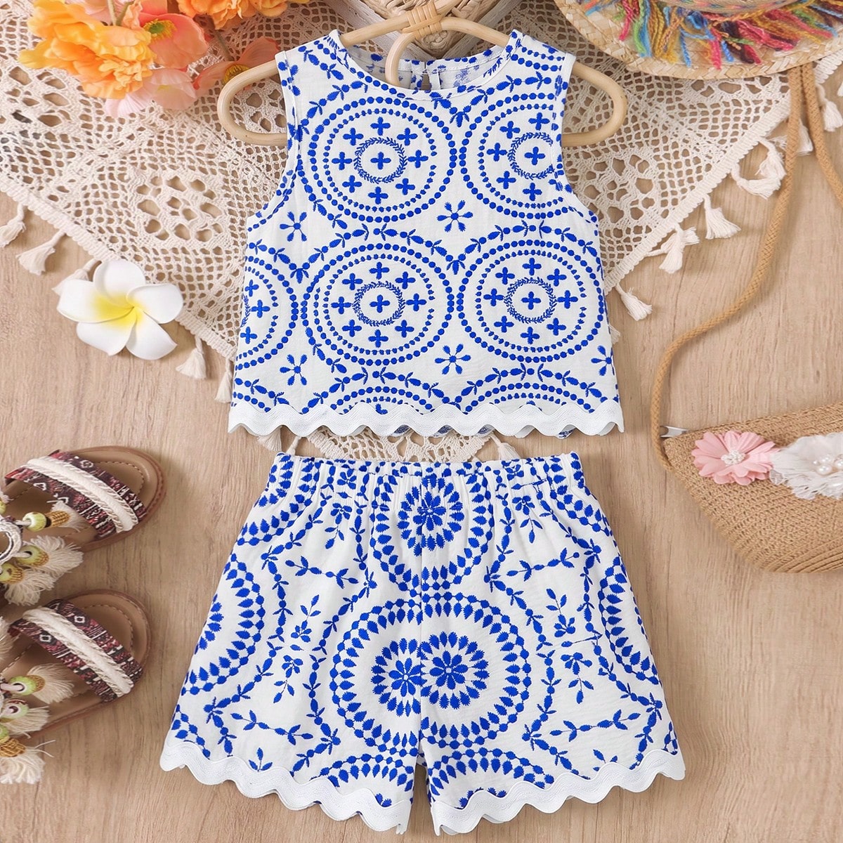 Conjunto de top de tirantes azul y blanco para niñas preadolescentes, moda casual de verano y vacaciones
