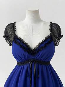Sunspun Plus Size Women Lace Patchwork Sweetheart Collar Shirt - Royal Blue - View 5