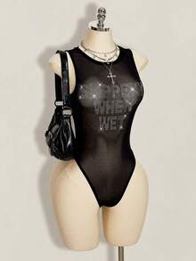 SHEIN ICON 女士字母网纱透视连体衣 - 黑色 - 查看 3