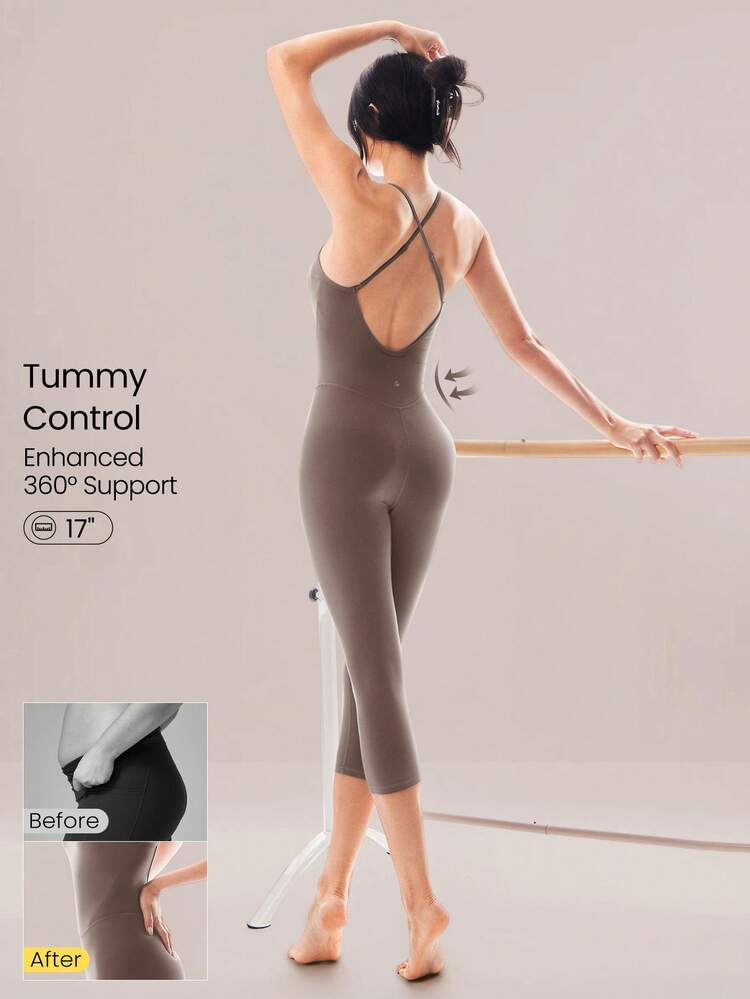 17" FeatherFit™ Rise And Shine Buttery-Soft Sweat-Wicking Crisscross Open Back Tummy Control Removable Cups Bodysuit Low Impact Yoga Studio Daily Wear