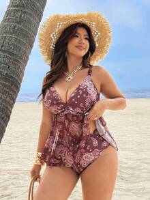 Swim Lushoire Plus Size Women Cashew Print Spaghetti Strap Tankini Swimwear Set For Beach Vacation - Brown - View 4