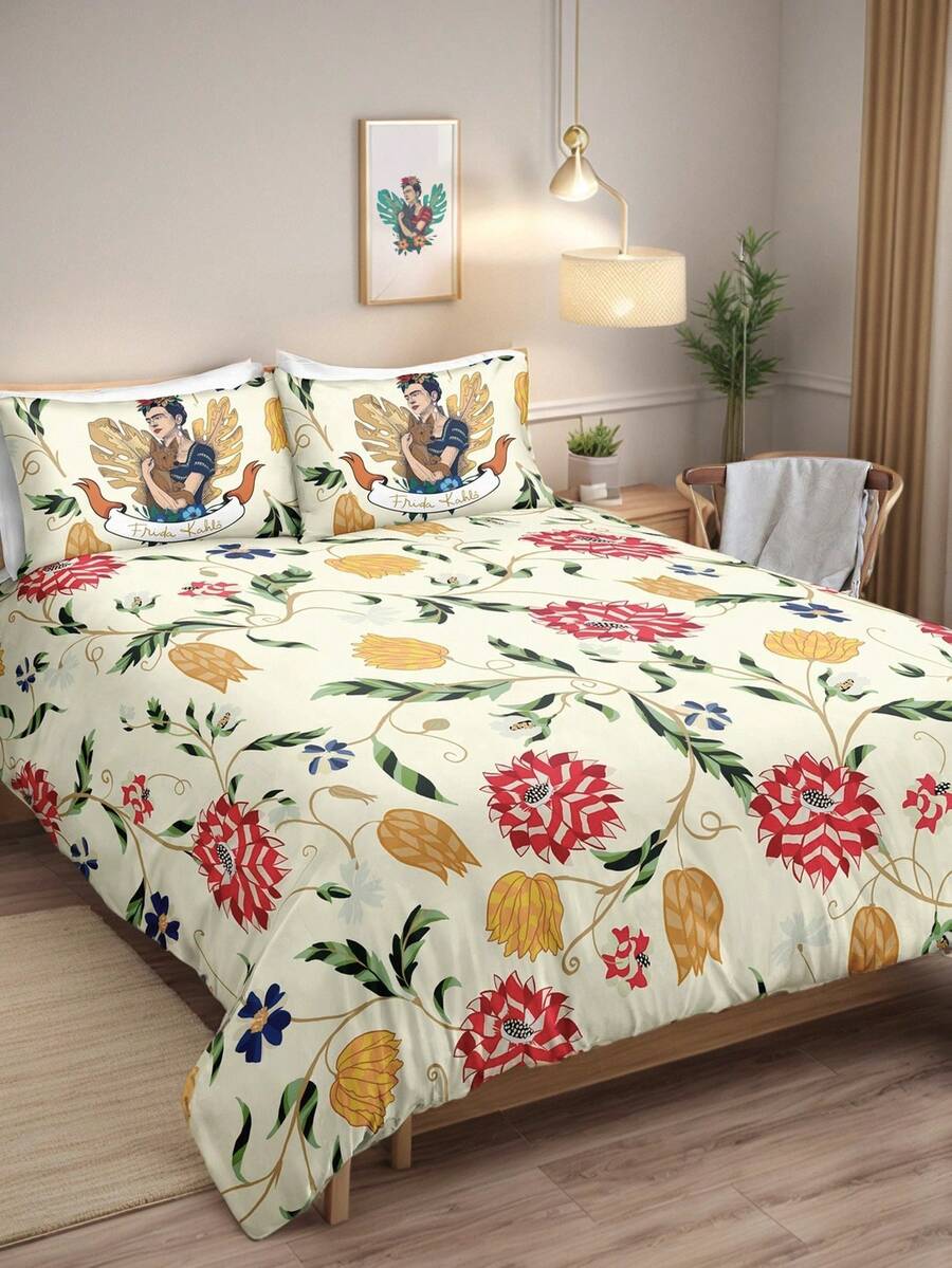Frida Kahlo X SHEIN 3-Piece Set Of Plant And Flower Fresh Green Printed Quilt Cover, Matte Material, Soft And Warm, Blue Quilt Cover, Available In A Variety Of Sizes, Suitable For Single Bed/Double Bed/Queen Bed/King Bed, Great Gift. - Sprout Green - View 1