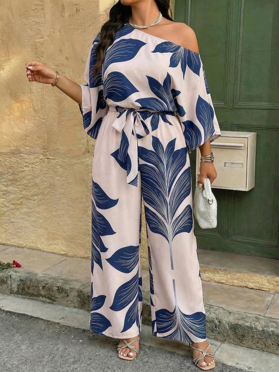 Weeklong Plus Size Blue Leaf Print Asymmetric Neck Jumpsuit, Casual Vacation Wear - Multicolor - View 1