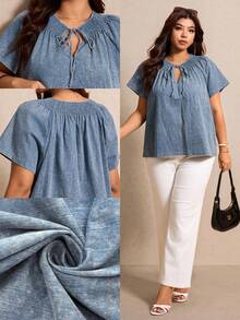 Elaquor Plus Size Dark Blue Summer Boho Vacation Washed Drawstring Blouse, Casual Business Office Work Travel Blouse For Women, Modern Top For Woman - Blue - View 1