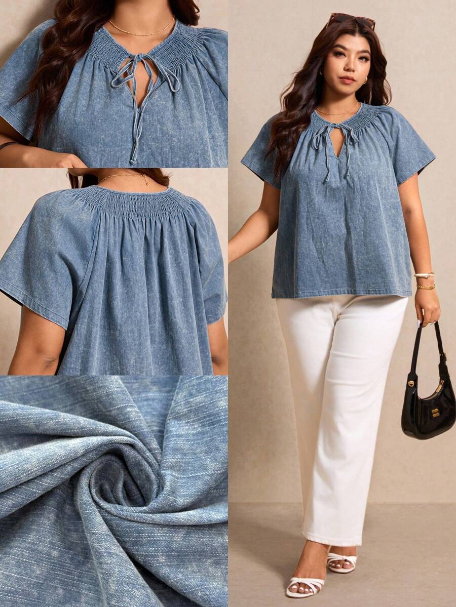 Elaquor Plus Size Dark Blue Summer Boho Vacation Washed Drawstring Blouse, Casual Business Office Work Travel Blouse For Women, Modern Top For Woman - Blue - View 1