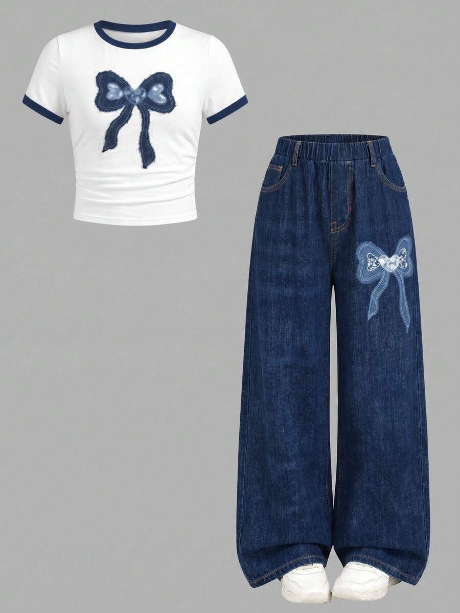 SHEIN Girlism Conjunto informal de moda callejera para niña preadolescente con camiseta blanca con lazo de estampado de leopardo y pantalones con estampado de leopardo - Multicolor - Ver 1