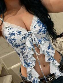 SHEIN SXY 女士性感沙滩度假风印花撞色蕾丝不对称下摆前系带吊带背心 - 藍白色 - 查看 9