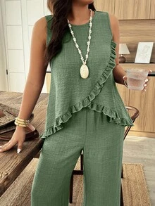 Weeklong Conjunto de 2 piezas para mujer talla grande con top suelto sin mangas de cuello redondo con ribete de volantes y pantalones de pierna recta, adecuado para vacaciones y uso diario, primavera/verano - Verde - Ver 6