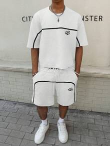 PAVTROS Young Street Style, Ribbon Design, Gothic Letter Print Grey Men T-Shirt Set Football - White - View 6