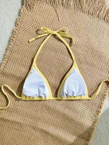 SHEIN Swim Vcay 女款紋理布料亮片貝殼飾邊可愛性感度假海灘泳衣上衣 - 黃色 - 查看 5
