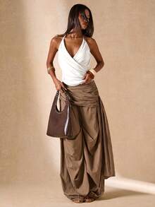 SHEIN BAE Áo hai dây buộc cổ yếm xếp ly tối giản đa năng dành cho nữ, gợi cảm. - trắng - Xem 7