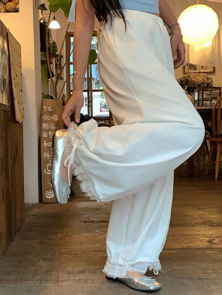 Women's Casual Vacation & Commute Solid Color Drawstring Waist Contrast Lace Hem Loose Wide Leg Pants