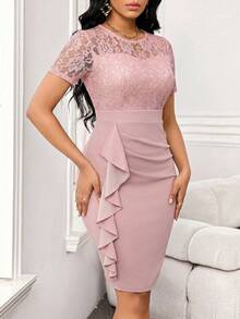 SHEIN Lady Váy dự tiệc cưới ren xếp nếp cho nữ, váy dự tiệc công sở cho nữ - Bụi hồng - Xem 7