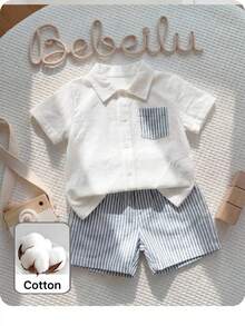 2pcs/Set Baby Boy Contrast Color Striped Decor Pocket Front Collar Short Sleeve Shirt & Shorts Set - Blue - View 1