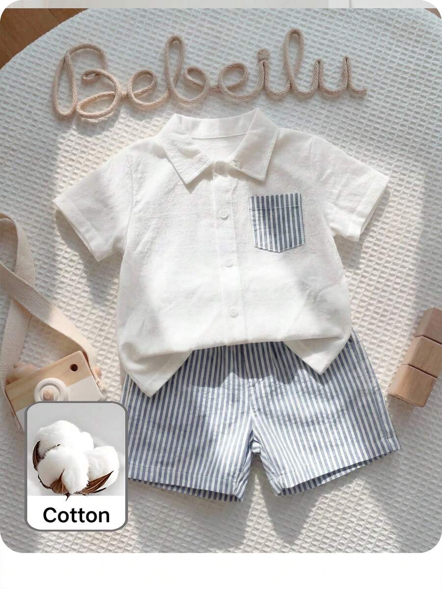 2pcs/Set Baby Boy Contrast Color Striped Decor Pocket Front Collar Short Sleeve Shirt & Shorts Set - Blue - View 1