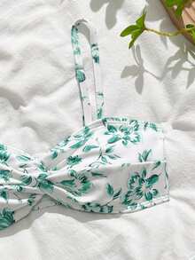 SHEIN Teen Girl Floral Print Adjustable Strap Swimwear Set With Cover-Up And Skirt, Suitable For Beach, Seaside, Vacation, Swimming - Green - View 3