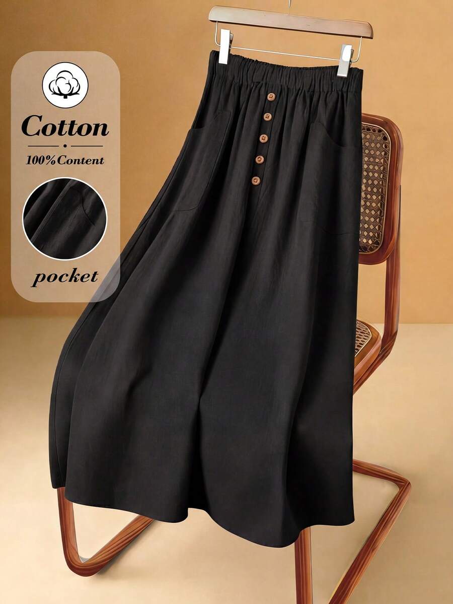 Rusticease Falda de línea A de unicolor con diseño de botones, de estilo retro casual para primavera/verano - Negro - Ver 1