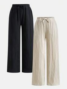 SHEIN Quần dài nữ tuổi teen màu đen và kaki dệt kim, có dây rút, dáng rộng, thoải mái. - Nhiều màu - Xem 6