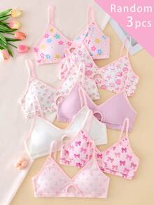 5pcs/Set Teen GirlMinimalist Floral, Cherry, Bow Print Sweet Bras With Removable Pads - Multicolor - View 1